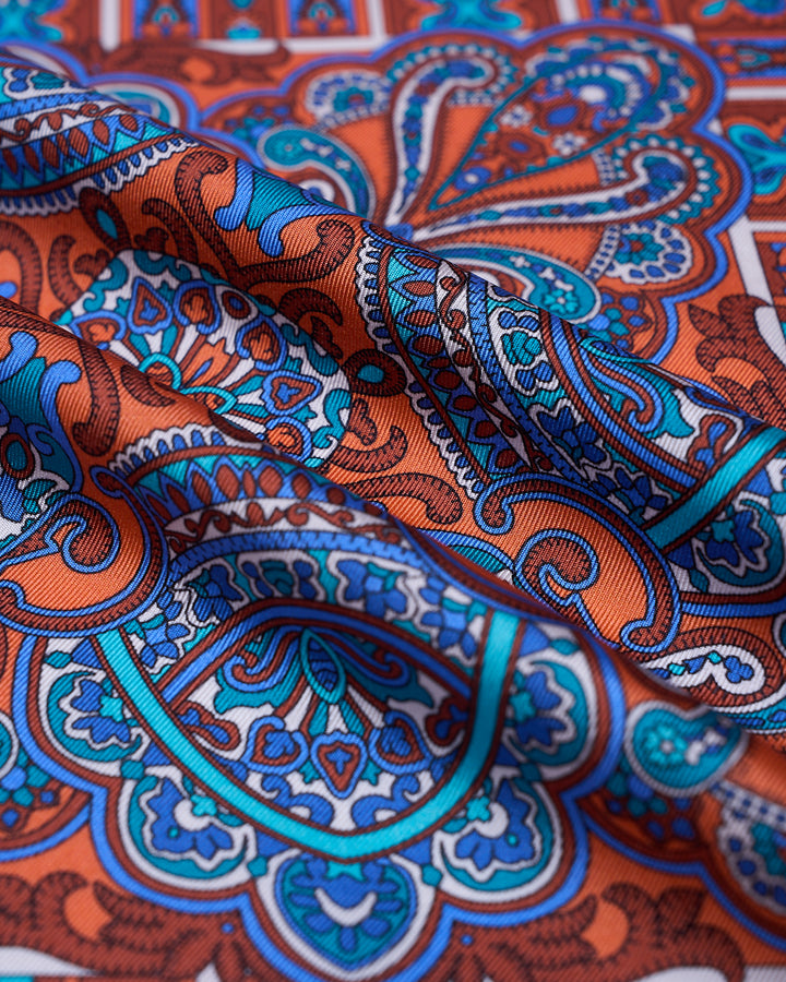 Pocket square - Orange with blue carnival  - silk