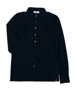 Polo long sleeves - Pique cotton - Navy blue