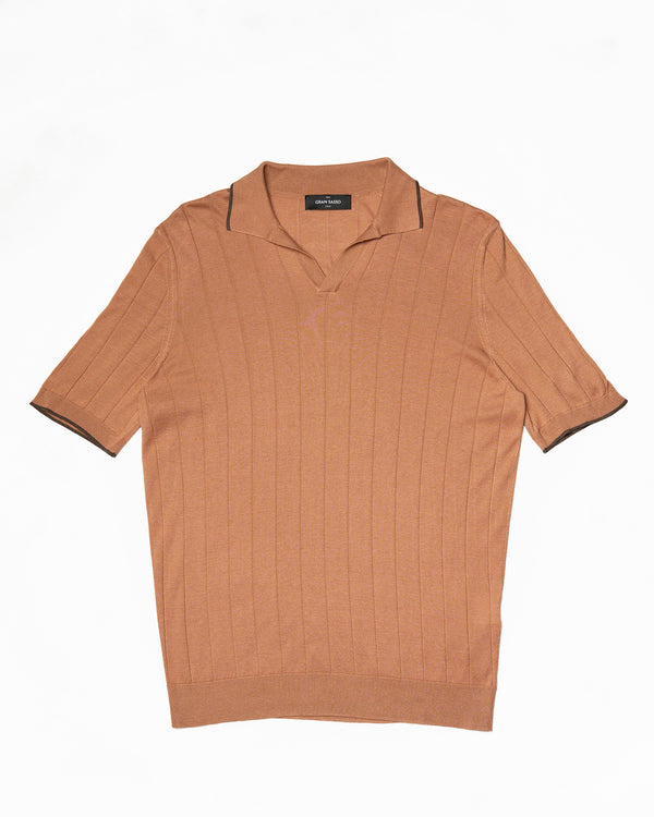 Polo short sleeves - knitted Silk - Salmon / brown rim