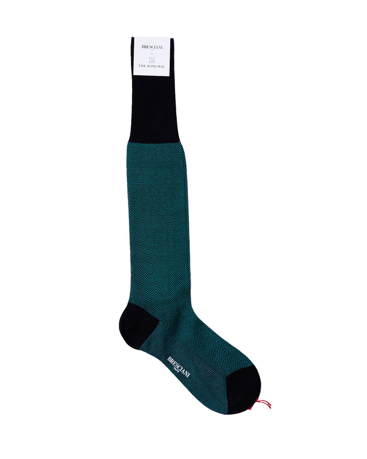 Knee length socks - Herringbone cotton  - Nero Aqua