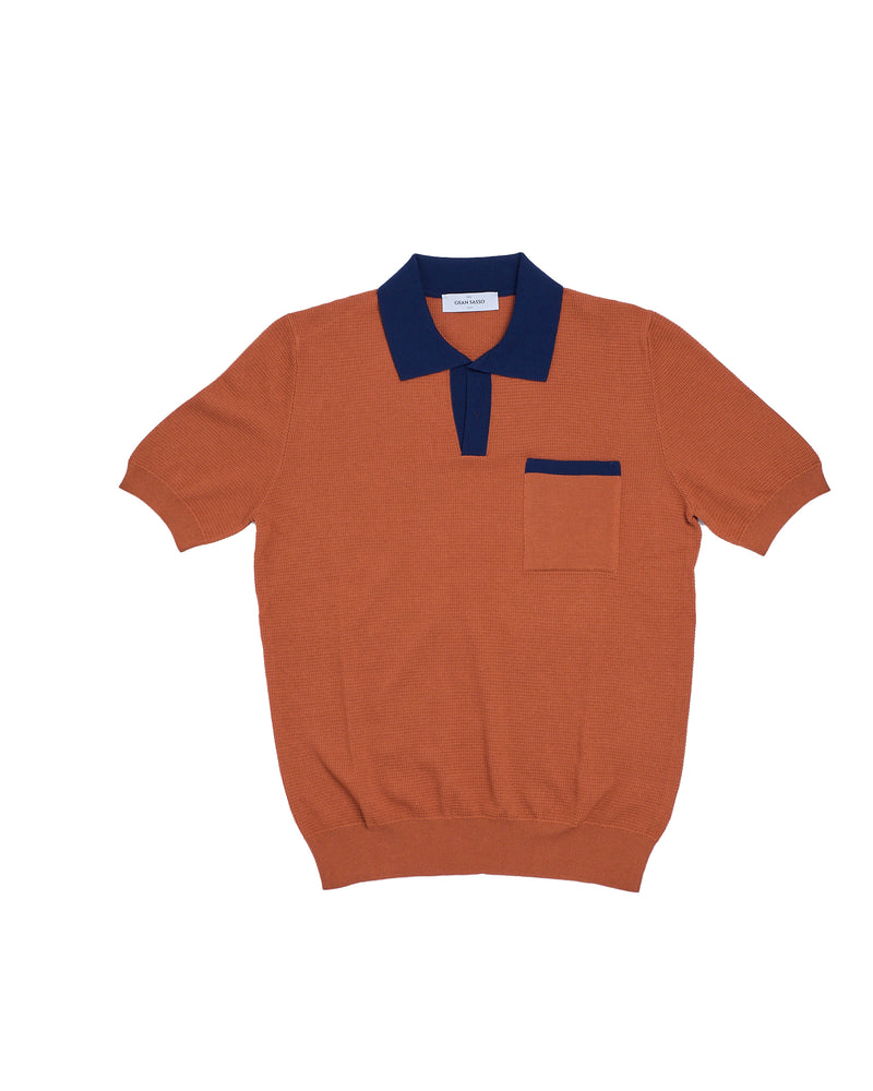 Knitted skipper cotton polo - Brick and Navy