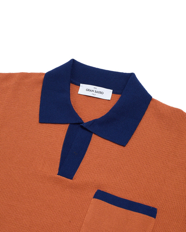 Knitted skipper cotton polo - Brick and Navy