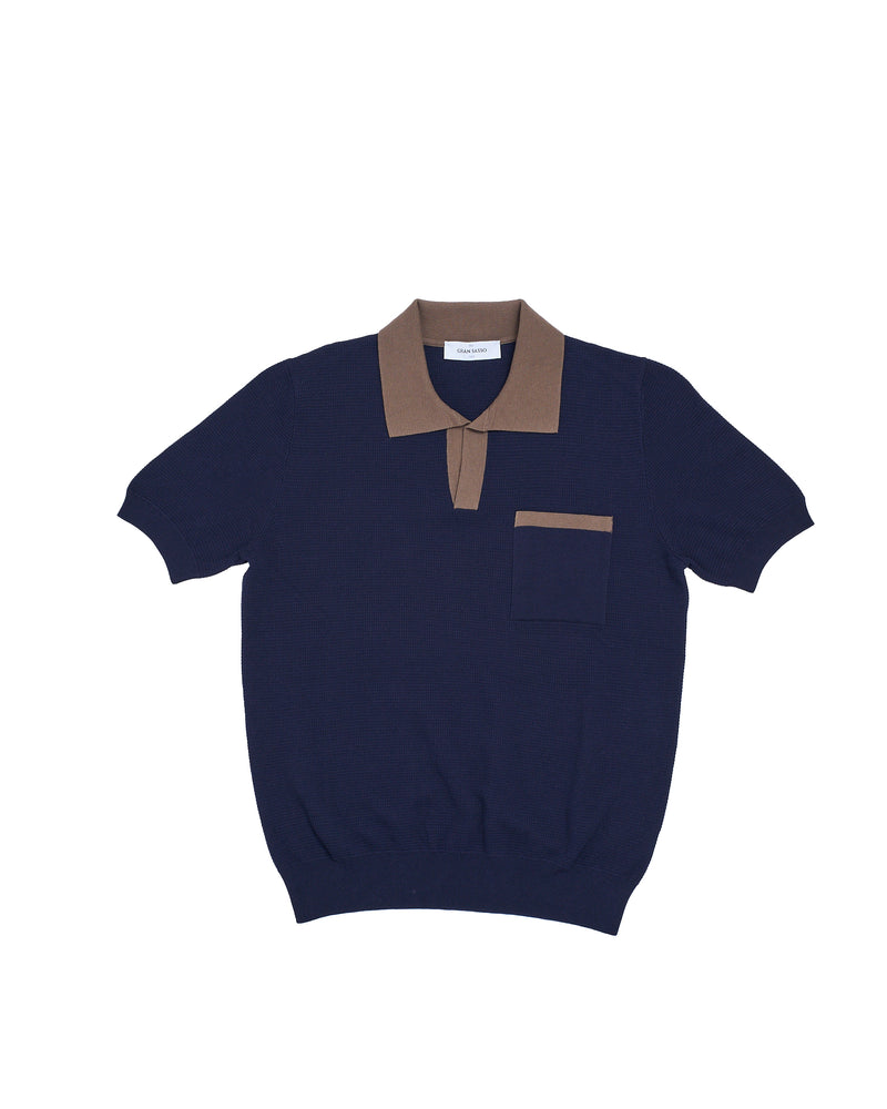 Knitted skipper cotton polo - Navy blue/Brown