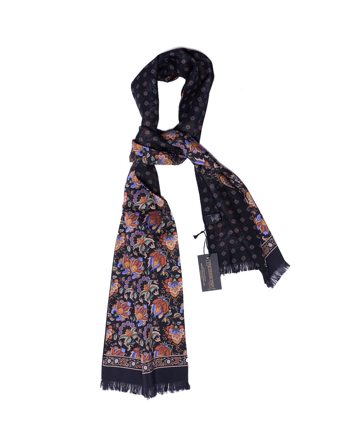 Scarf - Rectangle - Black with colourful flower motif