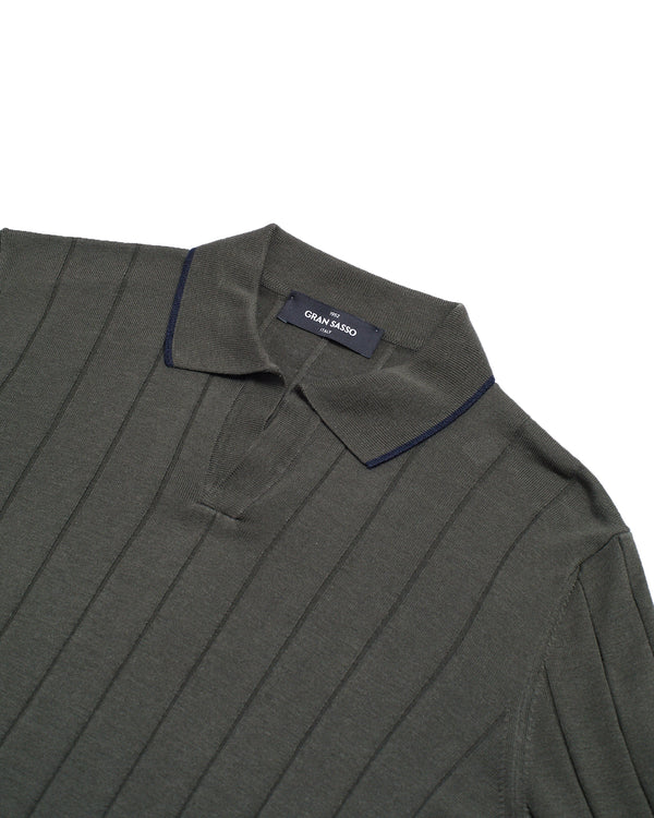 Knitted ribbed silk polo - Dark green and Blue