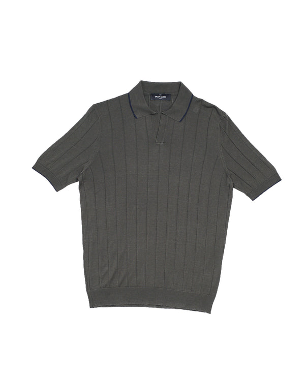 Knitted ribbed silk polo - Dark green and Blue