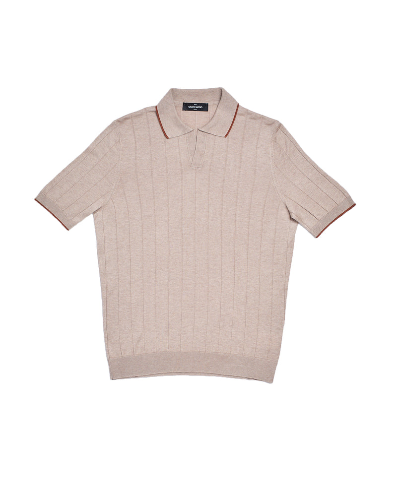 Knitted ribbed silk polo - sand and brown