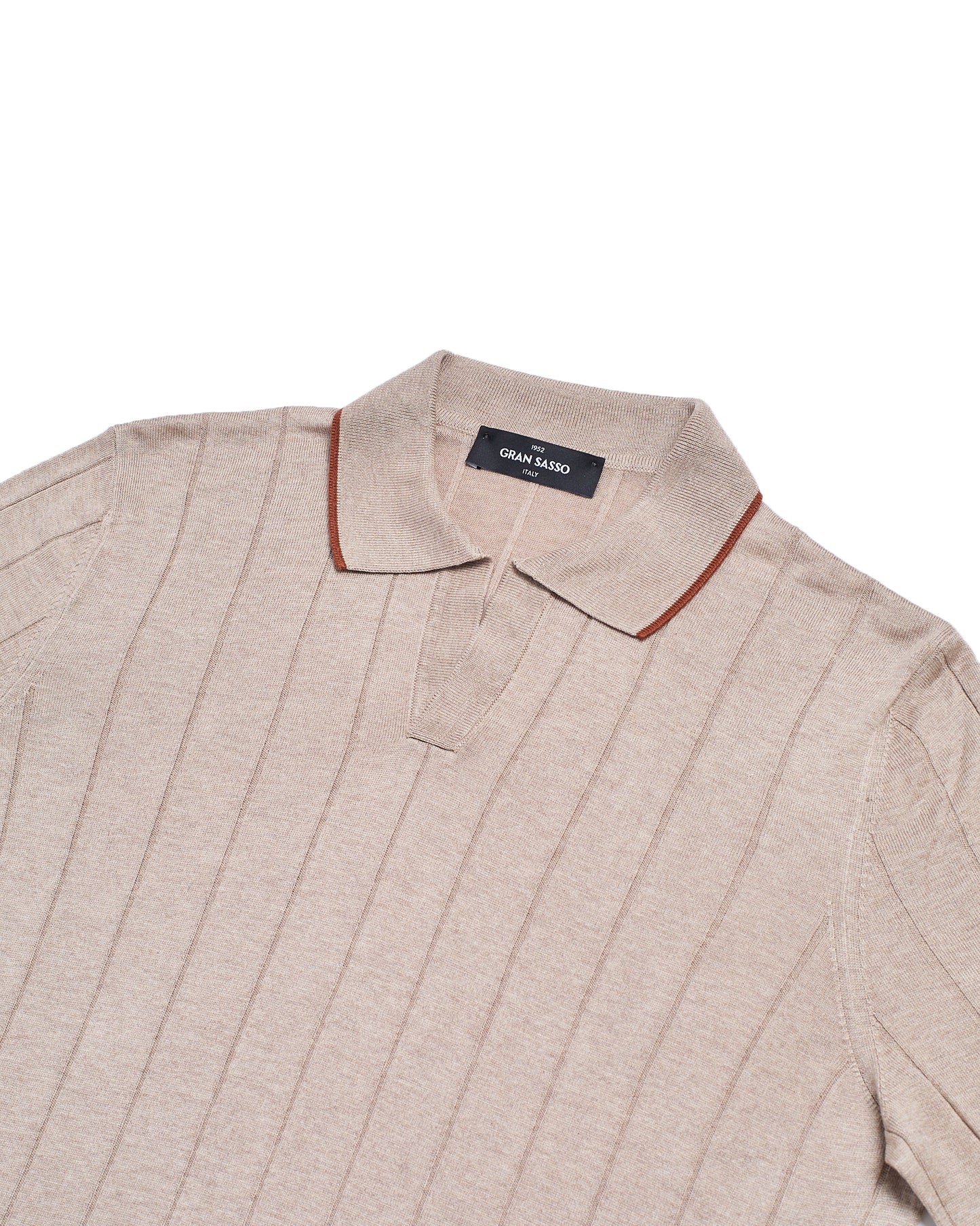 Knitted ribbed silk polo - sand and brown