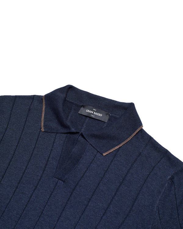 Polo short sleeves - knitted Silk - Navy blue / brown rim