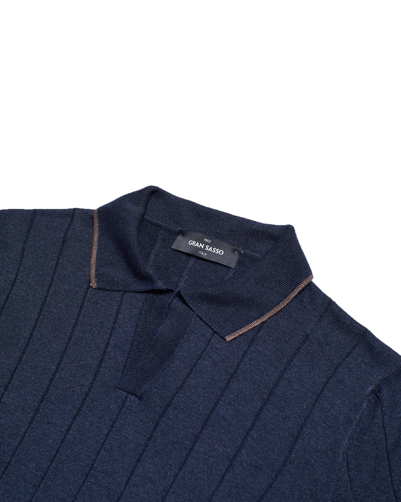 Knitted ribbed silk polo - Navy blue and Brown