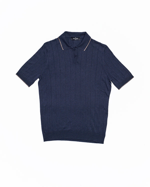 Polo short sleeves - knitted Silk - Navy blue / brown rim