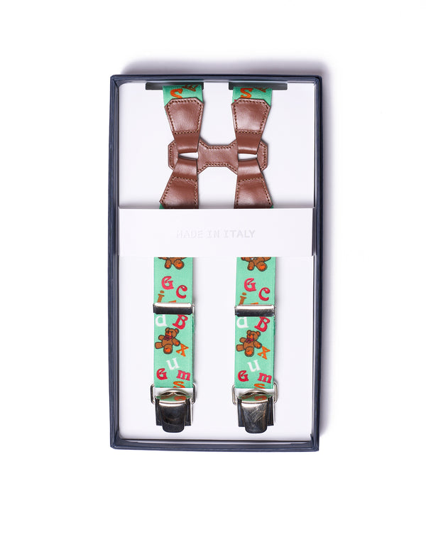 Braces - Clip - Green Teddy with brown leather