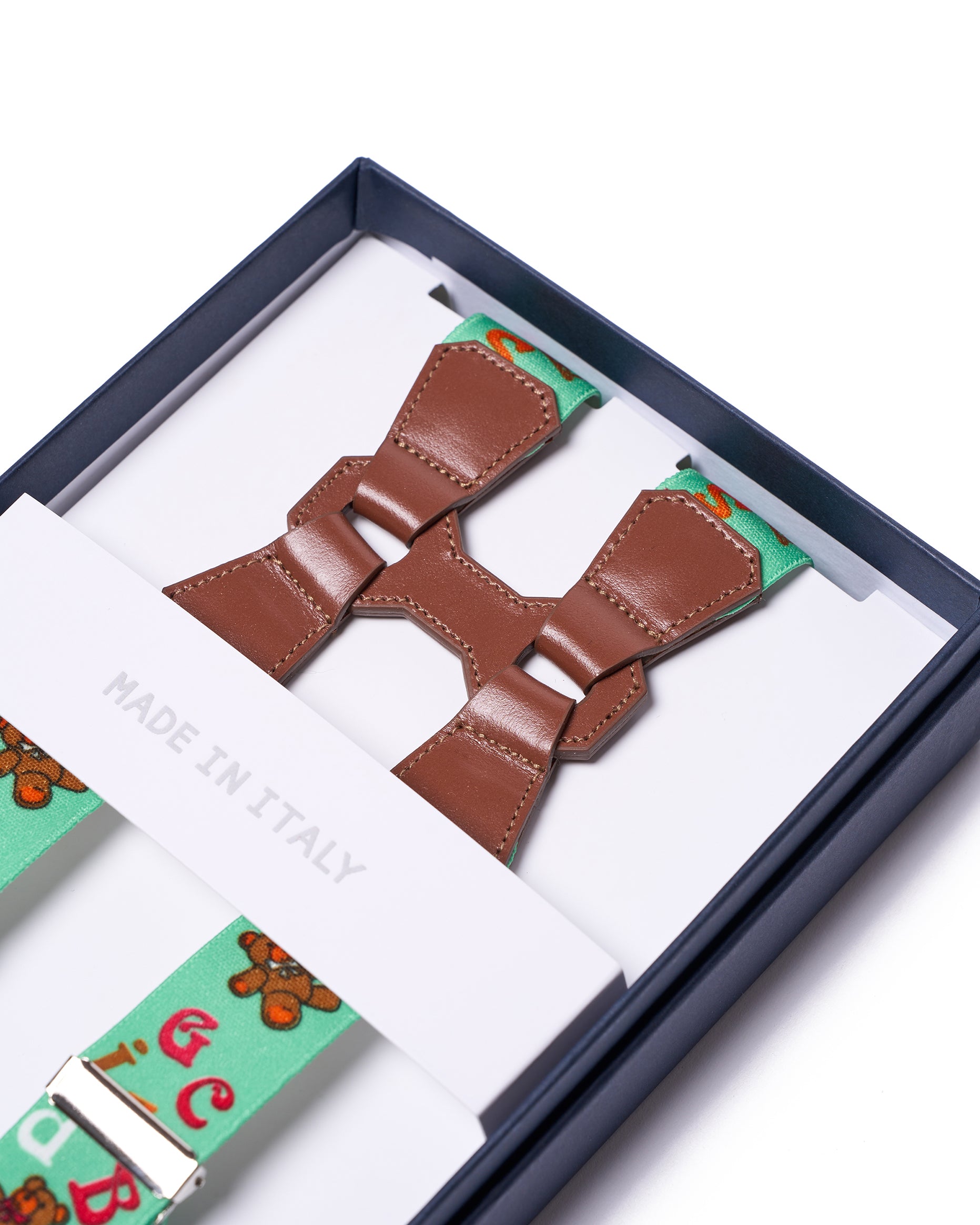 Braces - Clip - Green Teddy with brown leather