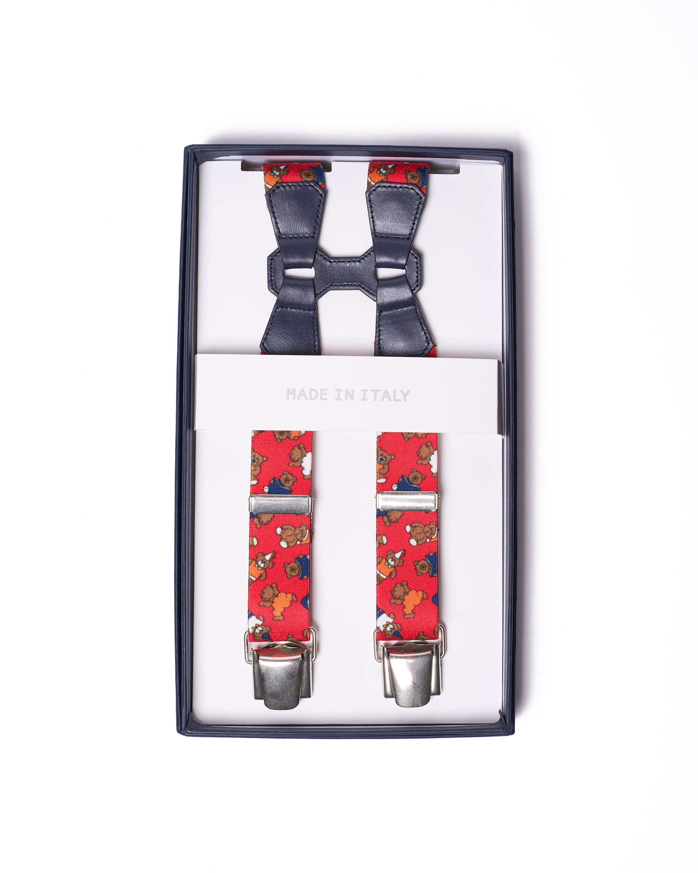 Braces - Clip - Red teddy strap and navy leather