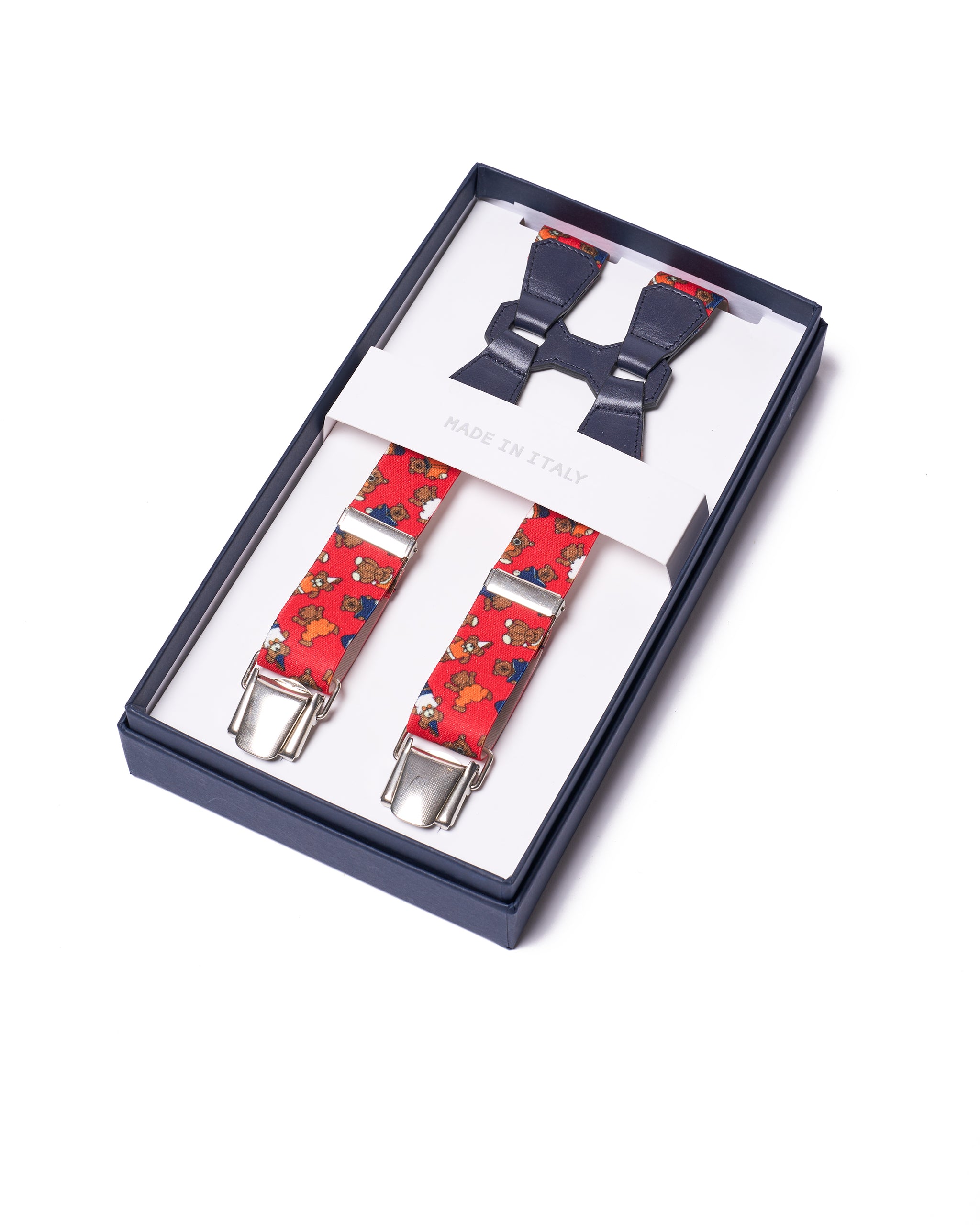 Braces - Clip - Red teddy strap and navy leather