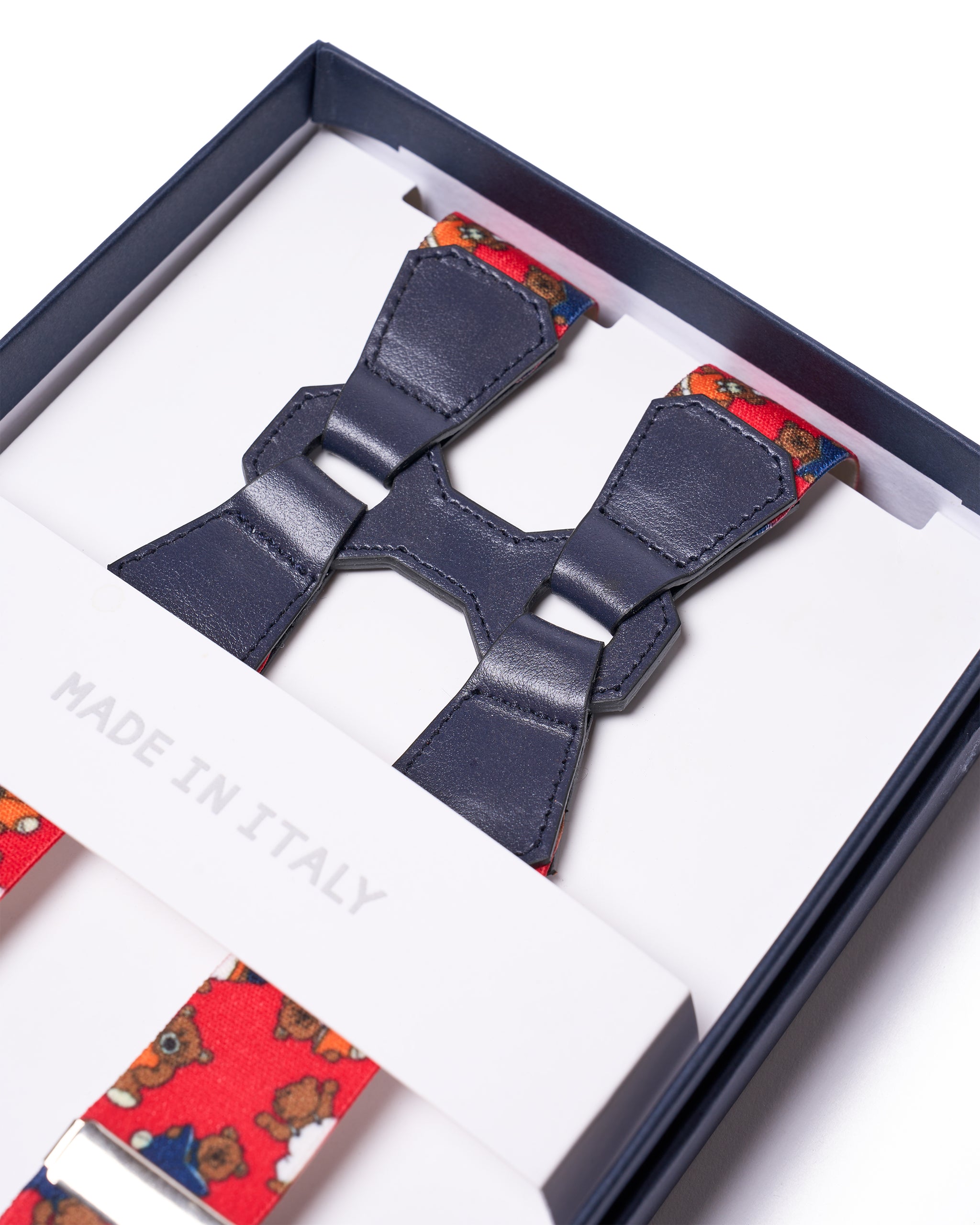 Braces - Clip - Red teddy strap and navy leather