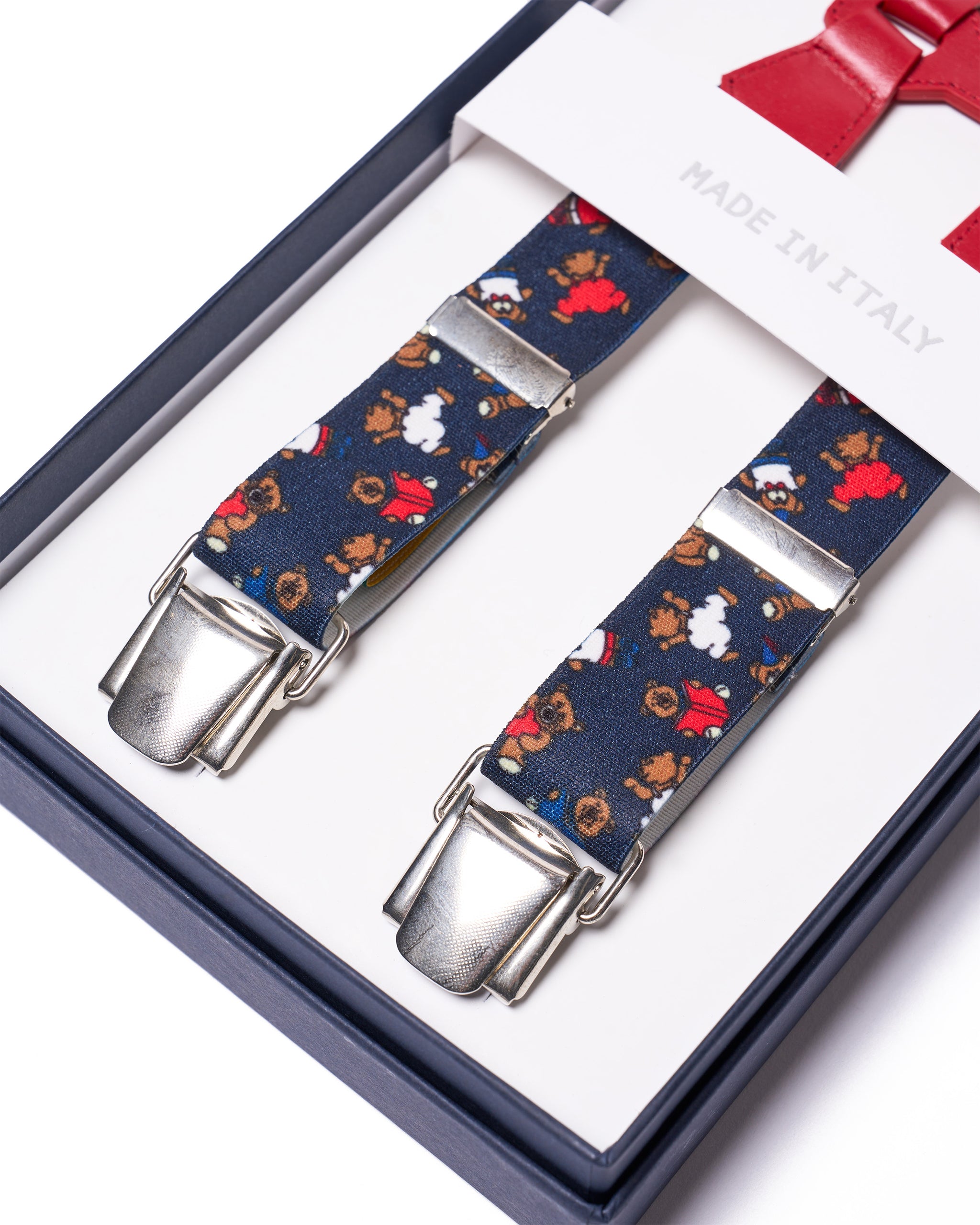 Braces - Clip - Navy teddy strap and red leather