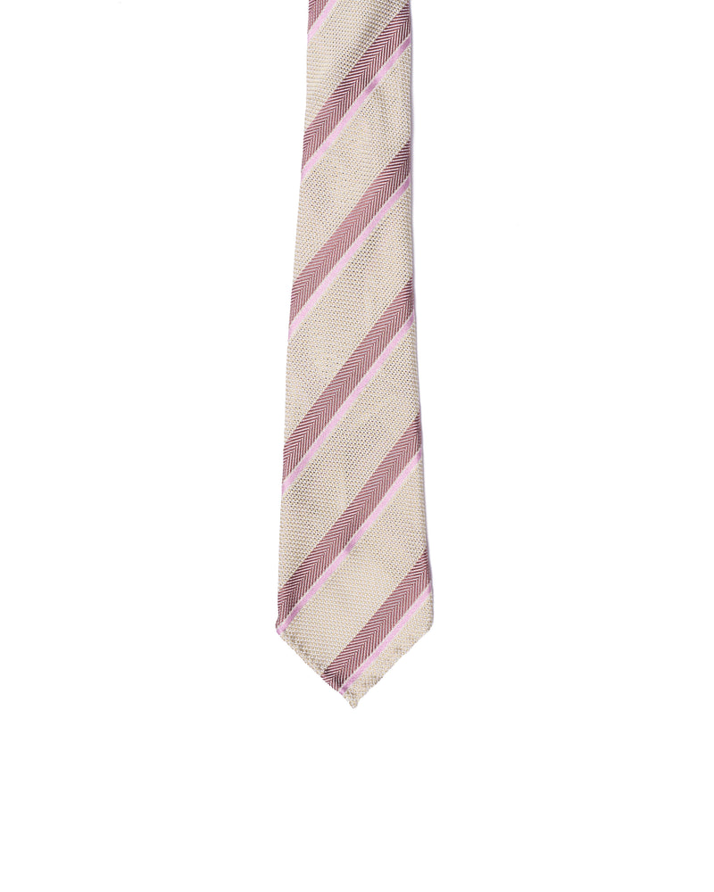 Grenadine tie - 7 Fold - Red herringbone and pink stripe with offwhite