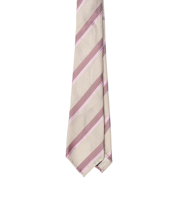 Grenadine tie - 7 Fold - Red herringbone and pink stripe with offwhite