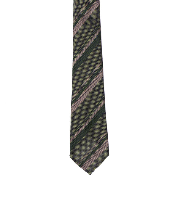 Grenadine tie - 7 Fold - Taupe herringbone and green stripe with green