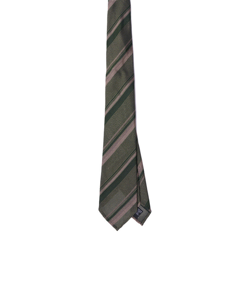 Grenadine tie - 7 Fold - Taupe herringbone and green stripe with green