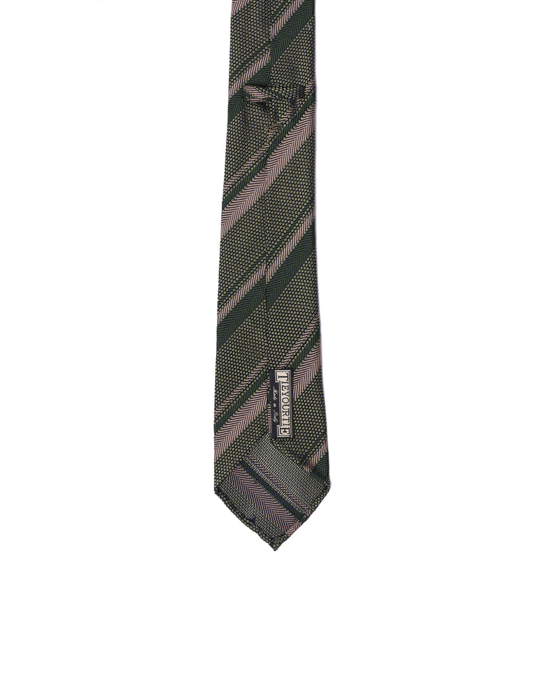 Grenadine tie - 7 Fold - Taupe herringbone and green stripe with green