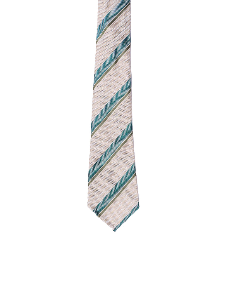 Grenadine tie - 7 Fold - Blue herringbone and olive stripe with offwhite