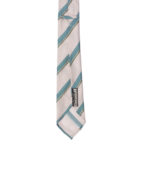 Grenadine tie - 7 Fold - Blue herringbone and olive stripe with offwhite