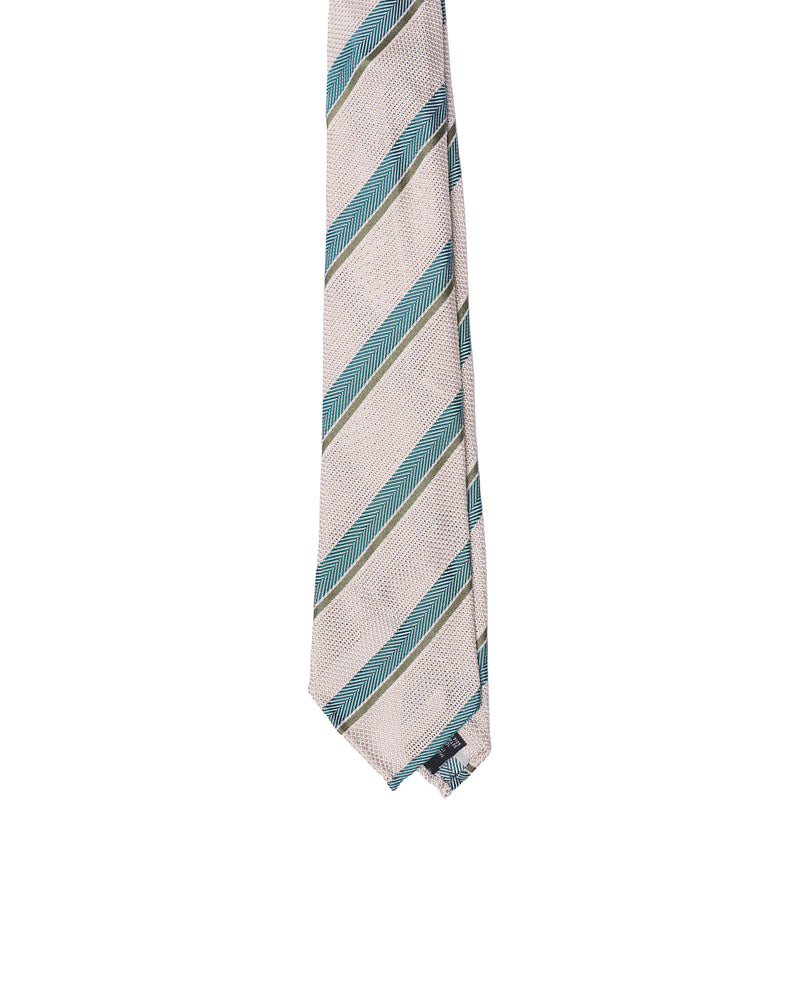 Grenadine tie - 7 Fold - Blue herringbone and olive stripe with offwhite