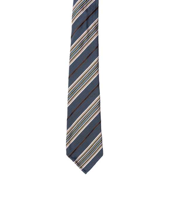 Jacquard tie - 7 Fold - Navy regimental stripe with brown