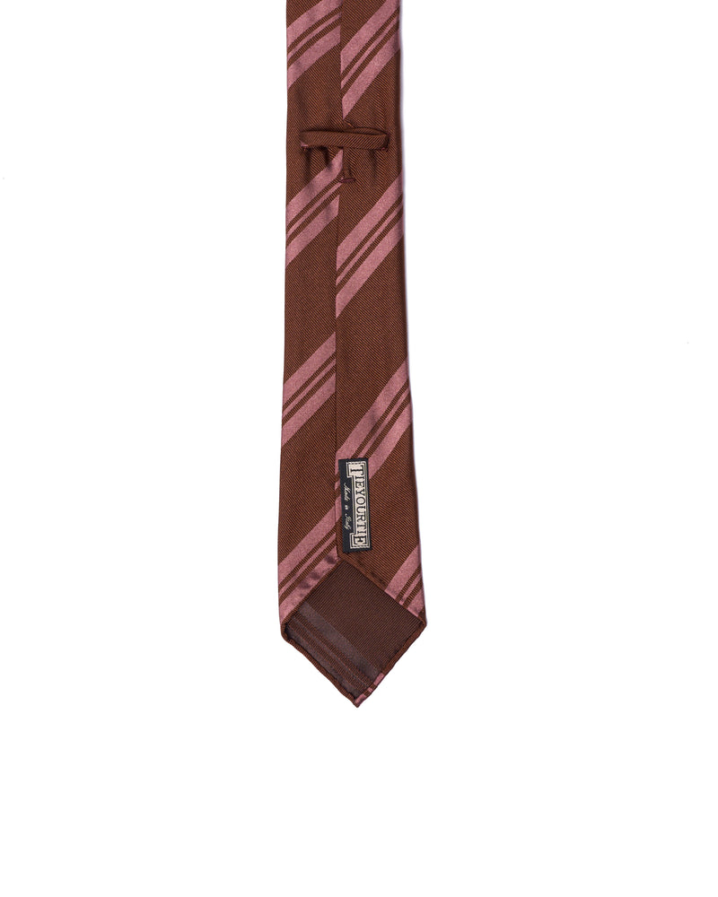 Jacquard tie - 7 Fold - Pink regimental stripe with brown