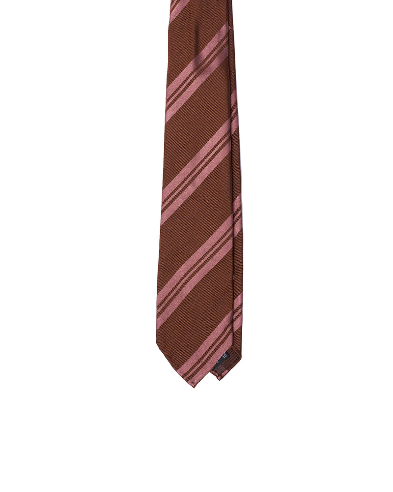 Jacquard tie - 7 Fold - Pink regimental stripe with brown