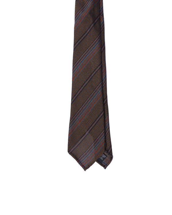 Grenadine tie - 7 Fold - Orange, sky blue and black stripe with grey