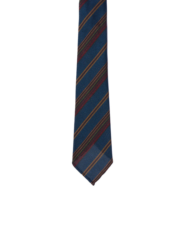 Grenadine tie - 7 Fold - Red, green and yellow stripe with blue