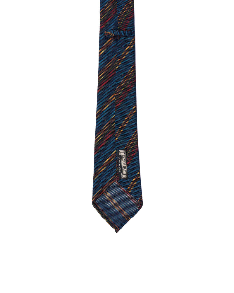 Grenadine tie - 7 Fold - Red, green and yellow stripe with blue