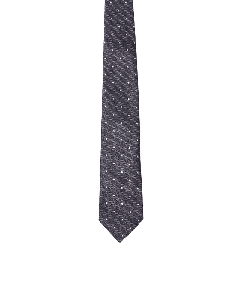 Tie - 3 Fold - Jacquard silk - Grey with white and black dots