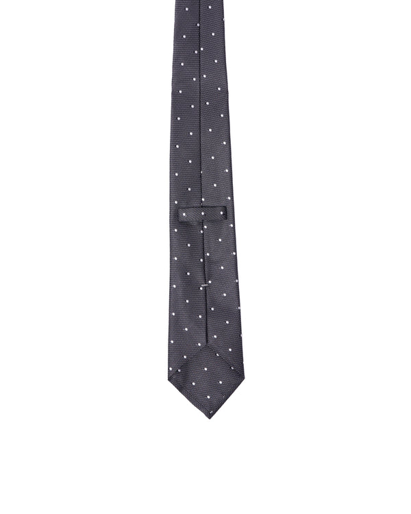 Tie - 3 Fold - Jacquard silk - Grey with white and black dots