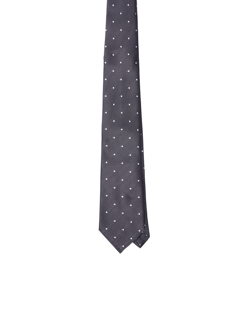 Tie - 3 Fold - Jacquard silk - Grey with white and black dots