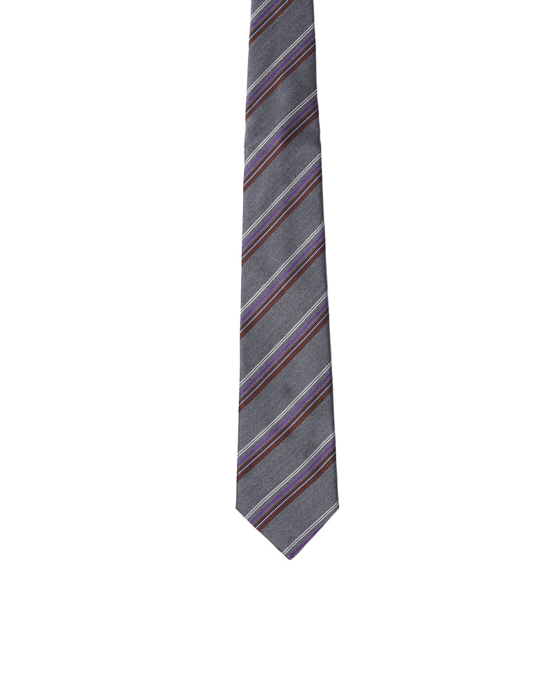 Tie - 3 Fold - Jacquard silk - Grey with brown, purple and white stripe