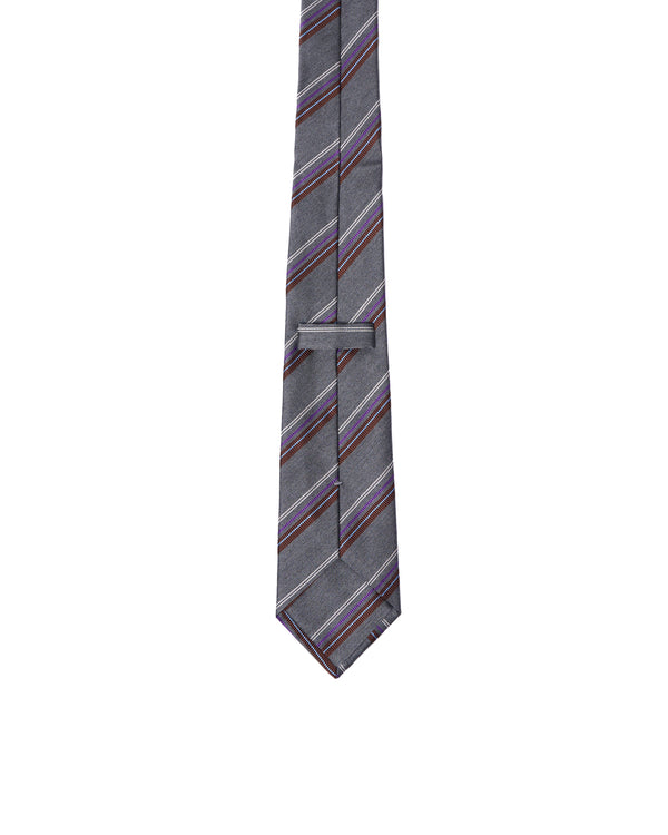 Tie - 3 Fold - Jacquard silk - Grey with brown, purple and white stripe