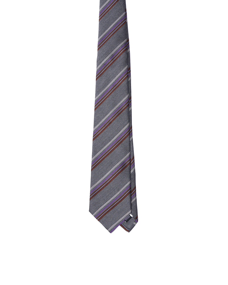 Tie - 3 Fold - Jacquard silk - Grey with brown, purple and white stripe