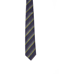 Tie - 3 Fold - Jacquard silk - Charcoal with grey, blue and orange stripe