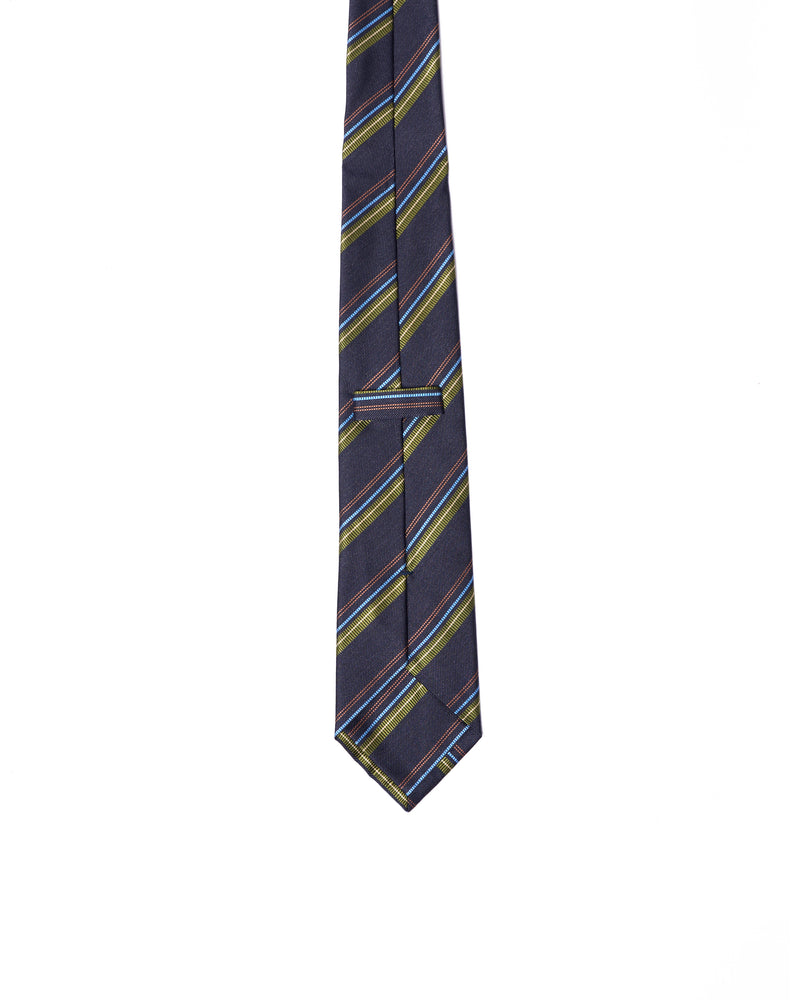 Tie - 3 Fold - Jacquard silk - Charcoal with grey, blue and orange stripe