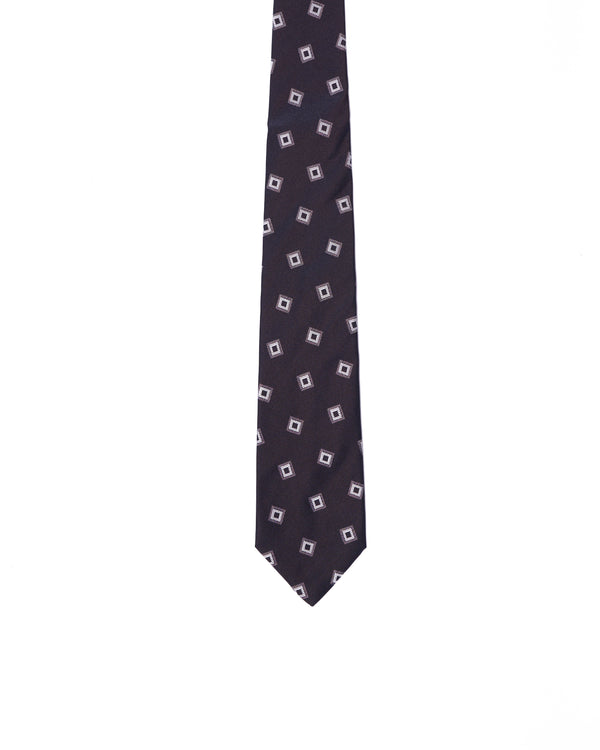 Tie - 3 Fold - Jacquard silk - Black with silver square motif