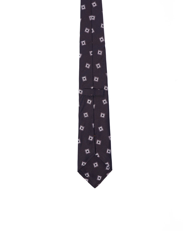 Tie - 3 Fold - Jacquard silk - Black with silver square motif