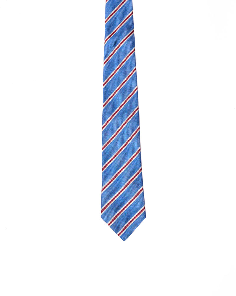 Tie - 3 Fold - Grenadine silk - Sky blue with red and white stripe