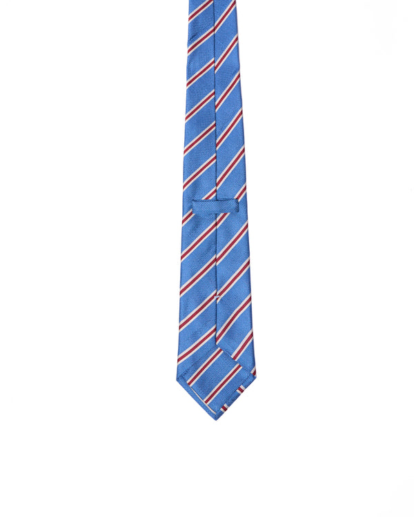 Tie - 3 Fold - Grenadine silk - Sky blue with red and white stripe