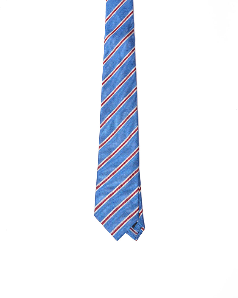 Tie - 3 Fold - Grenadine silk - Sky blue with red and white stripe