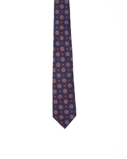 Tie - 3 Fold - Printed silk - Navy blue with yellow medallion motif