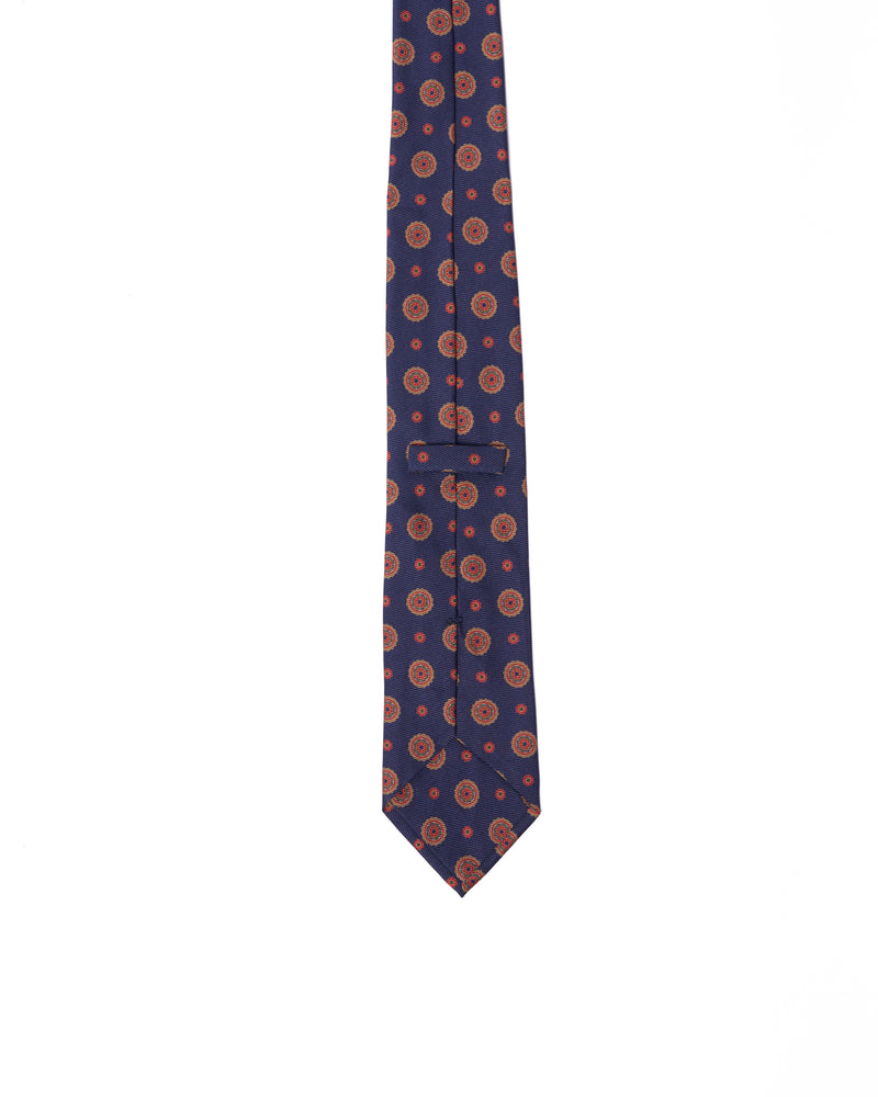 Tie - 3 Fold - Printed silk - Navy blue with yellow medallion motif